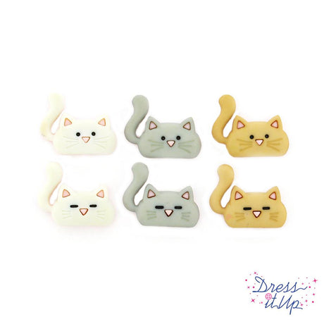 Six cartoon cat embellishments for sewing and craft projects