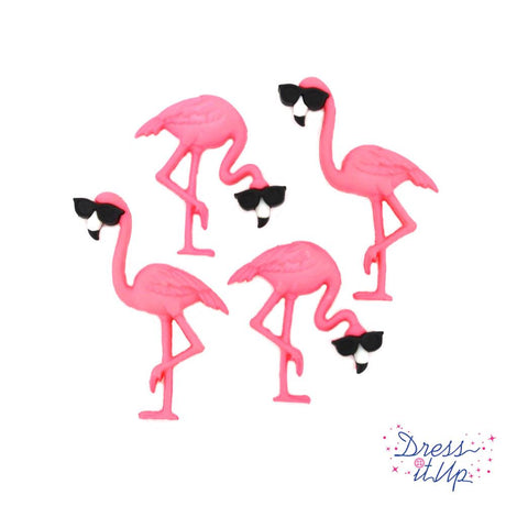 Four large buttons in the shape of flamingo bird with sunglasses for Summer and tropical craft ideas