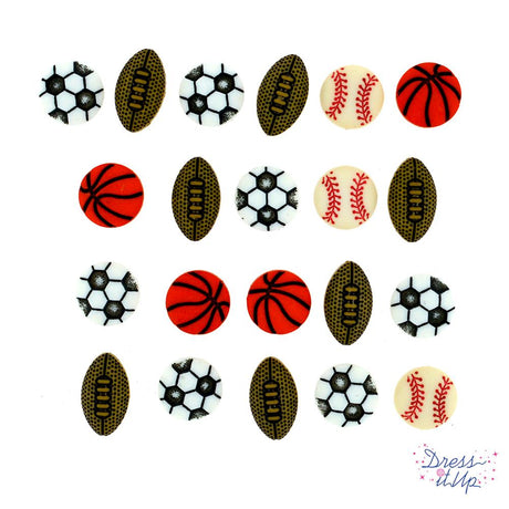 pack of small sport ball buttons for soccer, football, and baseball themed crafts