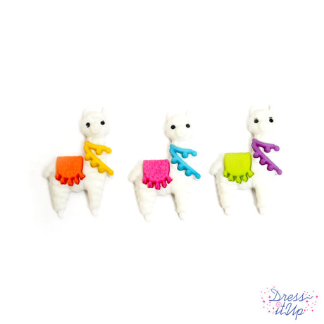 Three white llama button with bright saddle and decoration for crafting