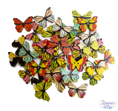 Butterfly shaped 2-hole buttons in various fun colors perfect for spring and summer sewing and crafting