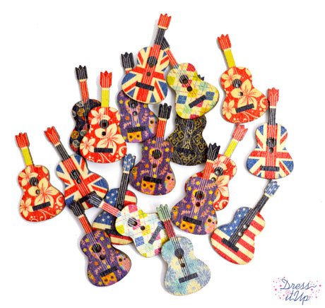 Guitar shaped 2-hole buttons perfect for adding to music themed crafts