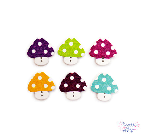 2-hole wood mushrooms with polka dots add to fairy garden and outdoor themed crafts