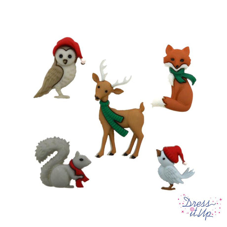 Five winter wood animal buttons. Deer, fox, bird, squirrel and owl for crafting and sewing projects
